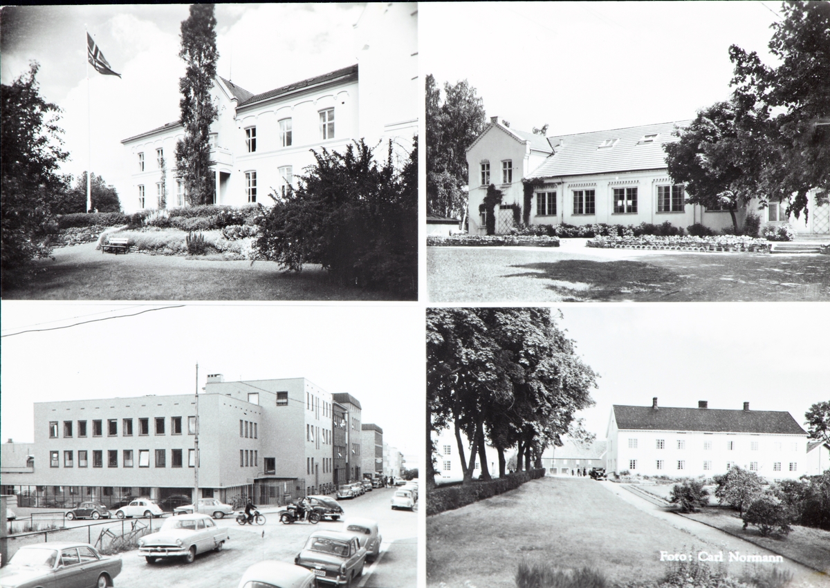 Postkort, Hamar lærerskole, fotomontasje med 4 motiver, skolelokaler i Hamar, Holsetgata 31, Holset,