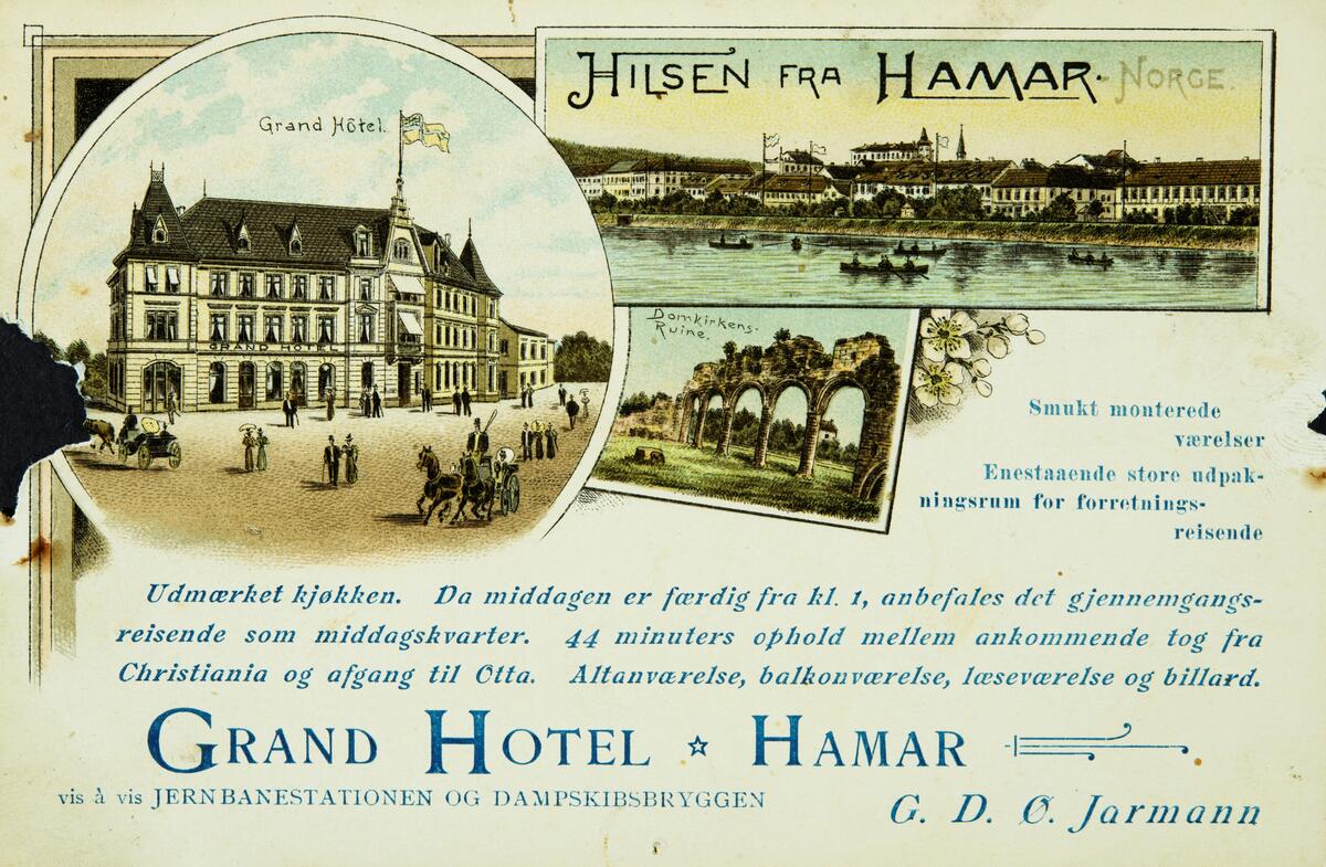 Postkort, Hamar, Jernbaneplassen, Grand Hotel, reklamekort: Hilsen fra Hamar, 3 motiver tegnet av hotellet, bypanorama og Domkirkeruinen, hotelleier G. D. Ø. Jarmann,