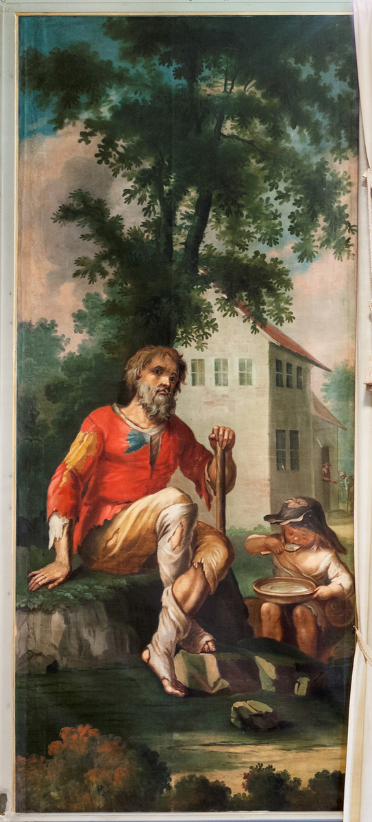 Fillet tigger med stav og en liten gutt med et grøtfat.