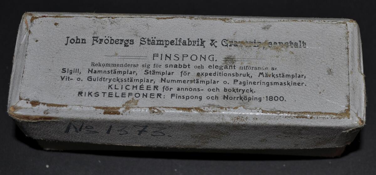 Stämpel i orginalask märkt: Begagnad 1sta gången den 22/2 1908. Märkt med: "K.Z"