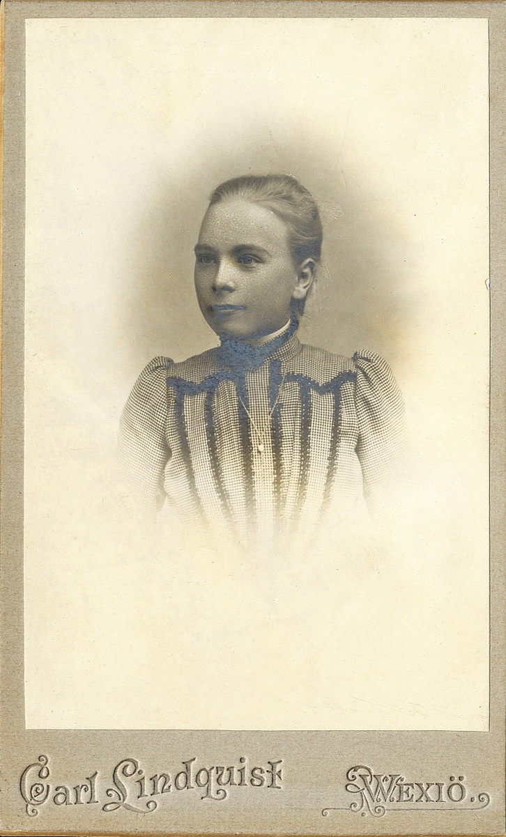 En okänd ung kvinna i höghalsad klänning med mörka garneringar.
Runt halsen syns en tunn halskedja med ett hänge.
Bröstbild, halvprofil. Ateljéfoto.