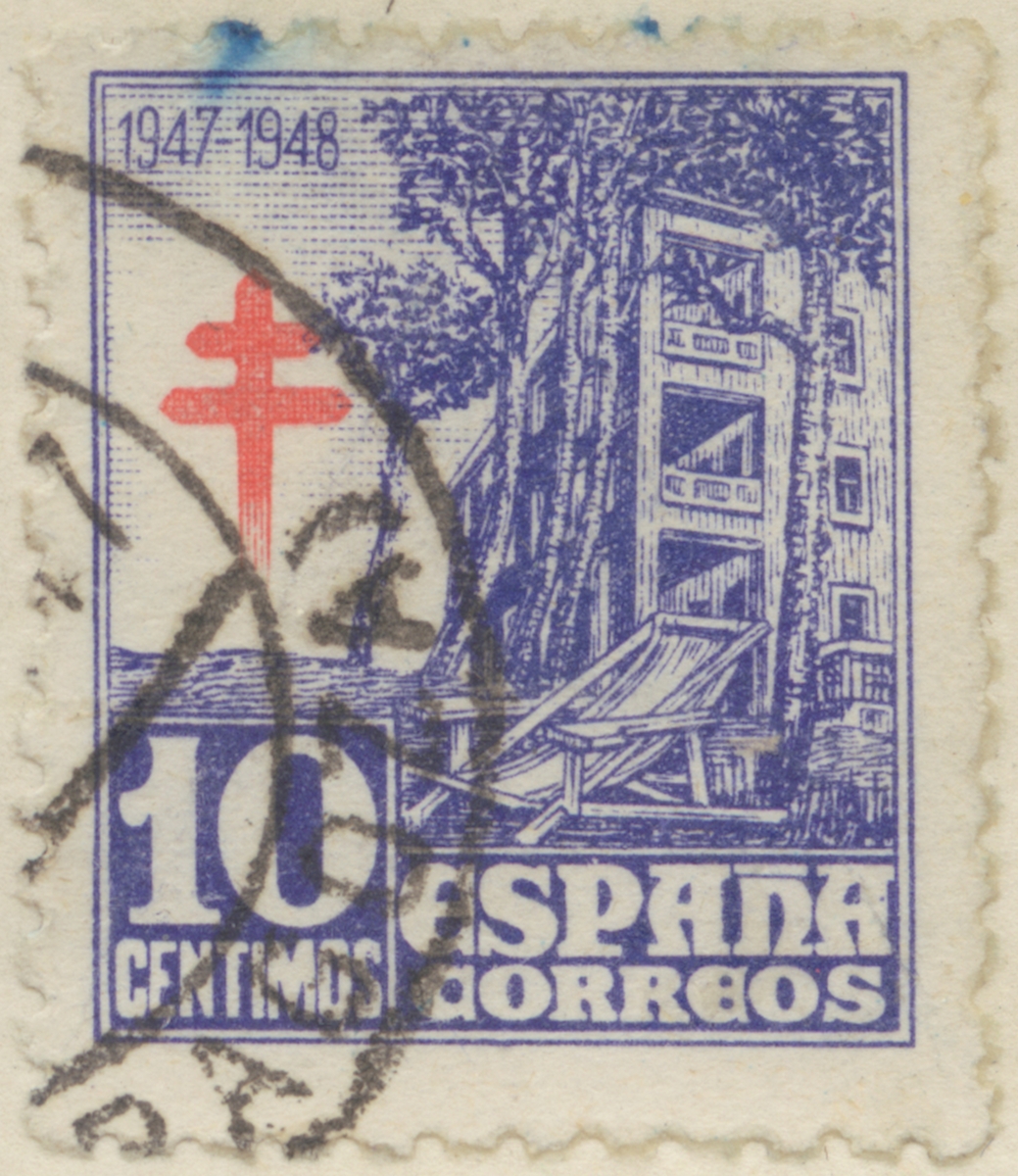 Frimärke ur Gösta Bodmans filatelistiska motivsamling, påbörjad 1950.
Frimärke från Spanien, 1947. Motiv av Tuberkulos- Sjukhus -TBC-märke-