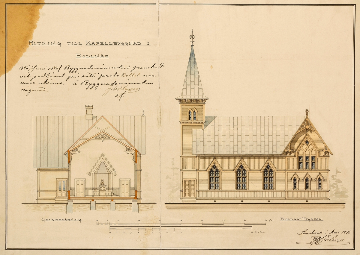 Ritning till kapellbyggnad i Bollnäs, 1896. Ritad av arkitekten Erik Hjelm.