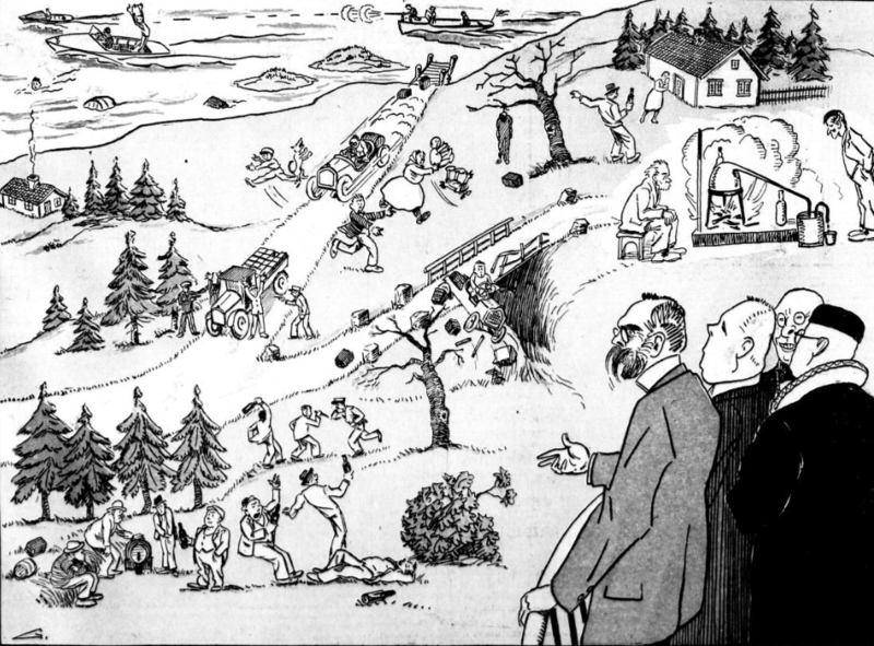 Sort hvitt bilde av natur og tre menn som står nederst i høyre hjørne. På bildet ser man grantrær og noen hus, spredt utover