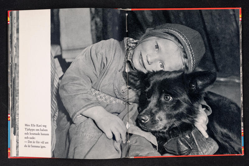 Foto viser et bokoppslag med bilde av en liten jente og en hund. Jenta sitter og hviler hodet på hunden.