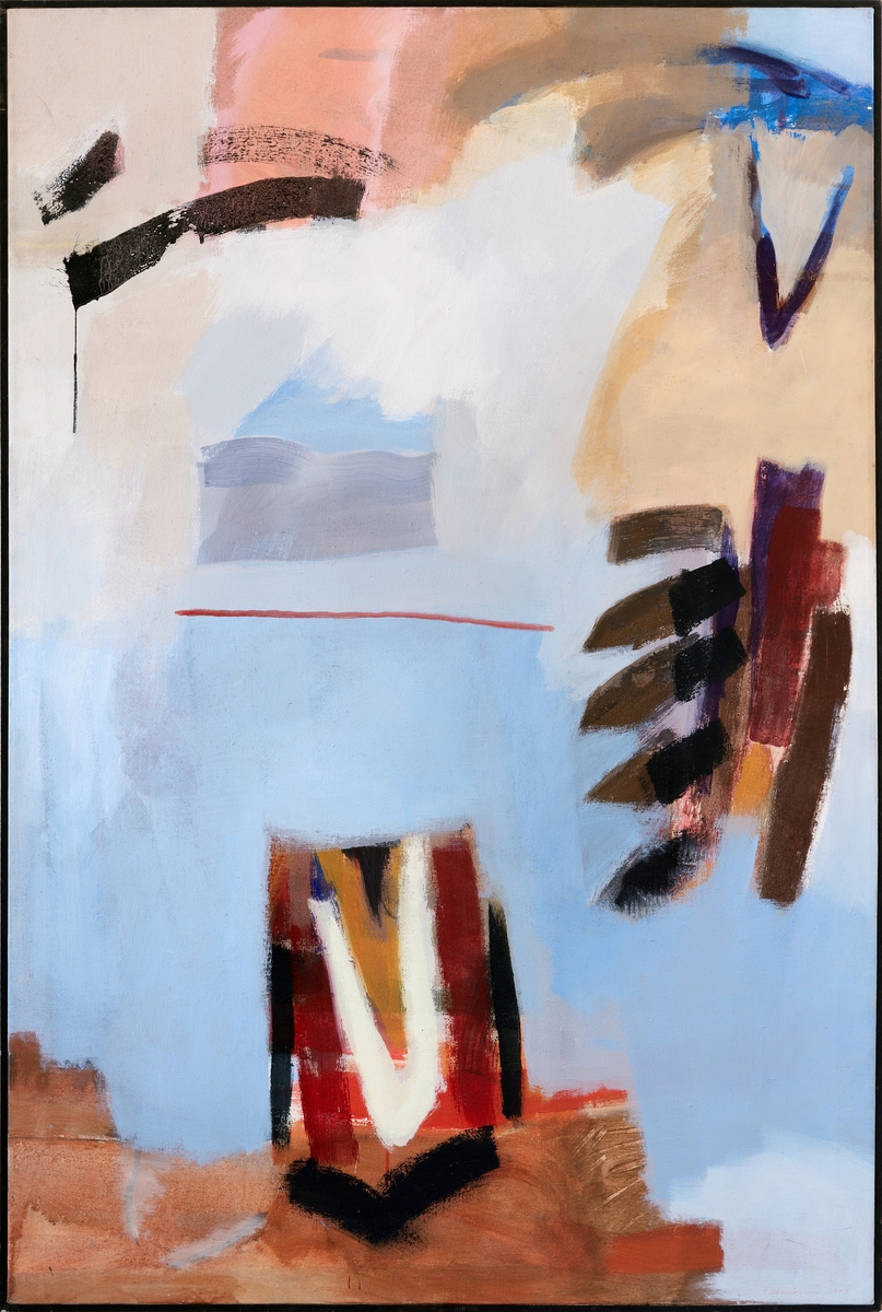 Abstrakt motiv, blå bakgrunn med felt i forskjellige brun nyanser, beige og rosa.