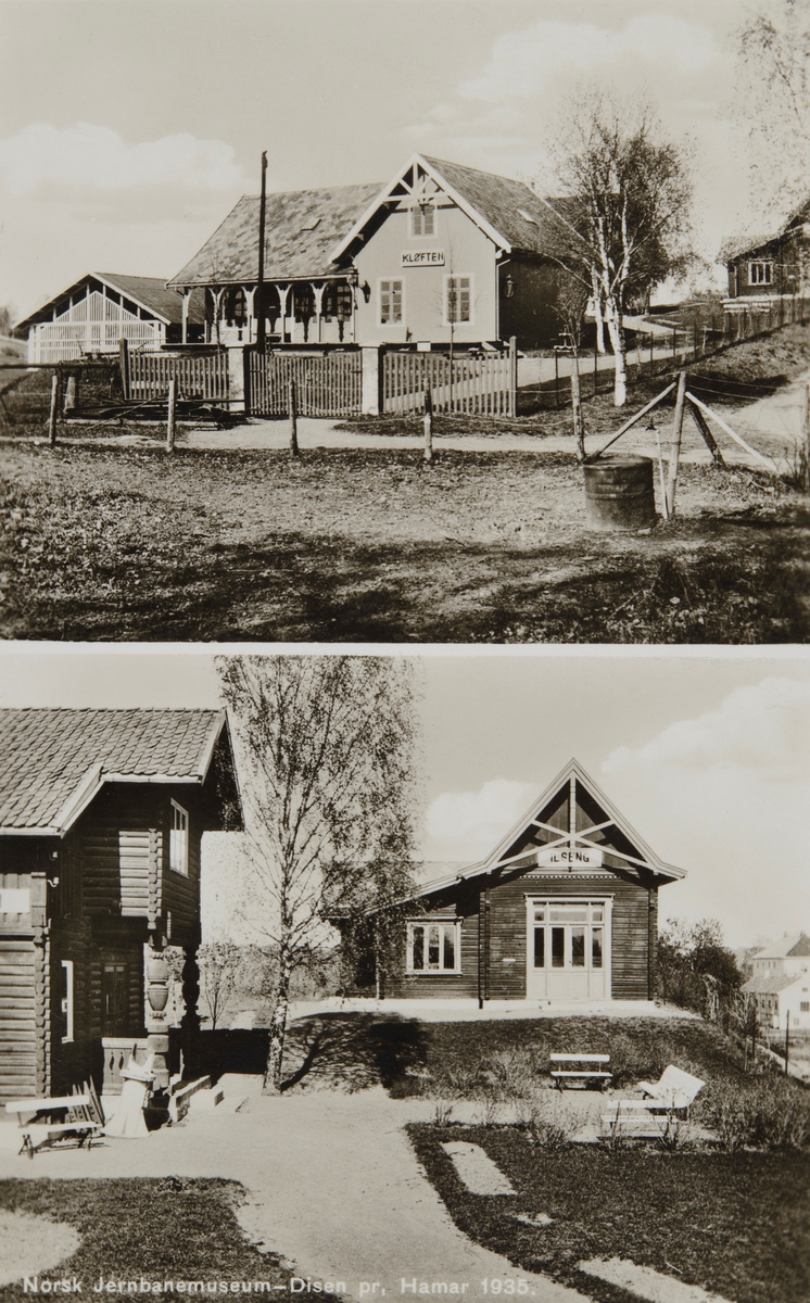 Postkort, Hamar, Disen, Norsk Jernbanemuseum, 2-delt kort med motiv av Stasjonsbygninger, Køften stasjon og Ilseng stasjon