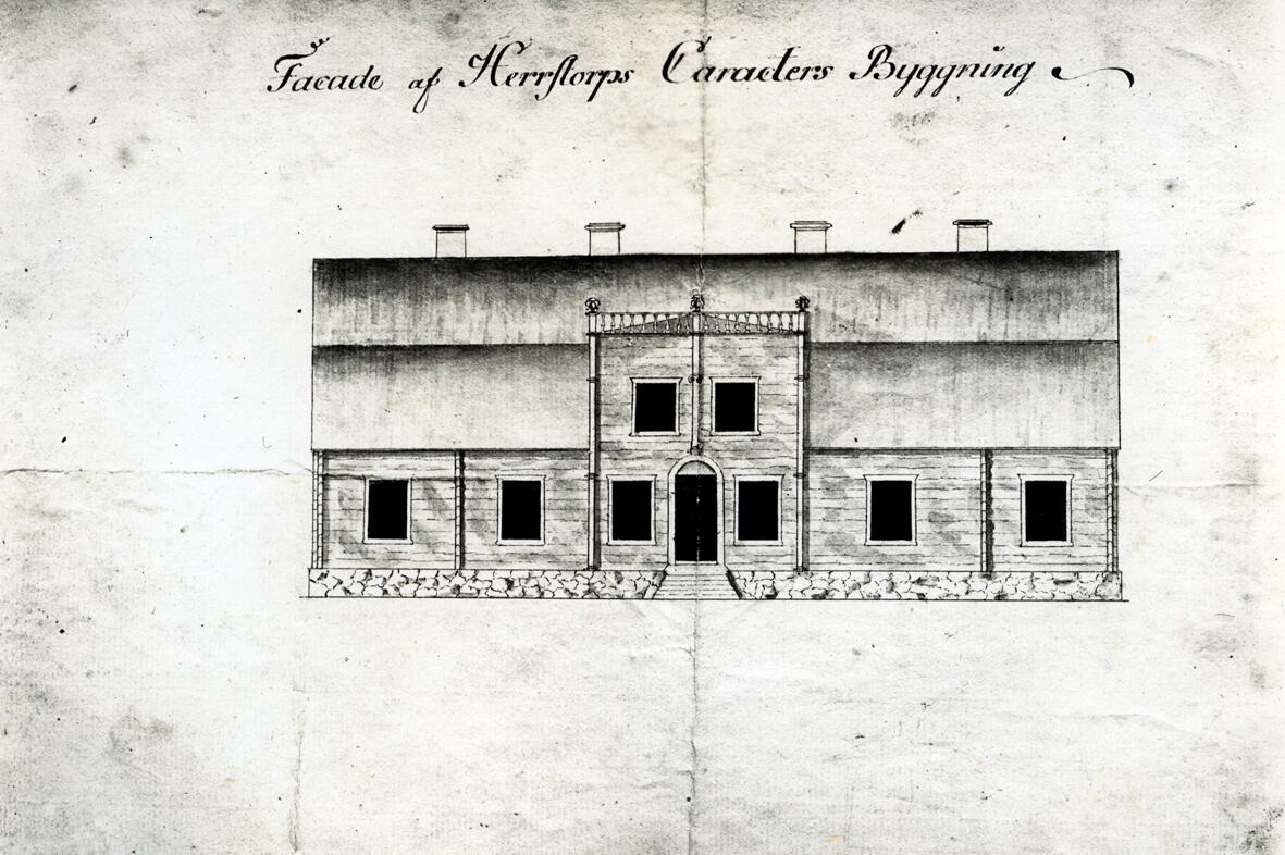 Herrestorps gårdarkiv. Förslag till ändring av den äldre huvudbyggnaden av 1758.
"Facade af Herrestops Caraders Byggning".