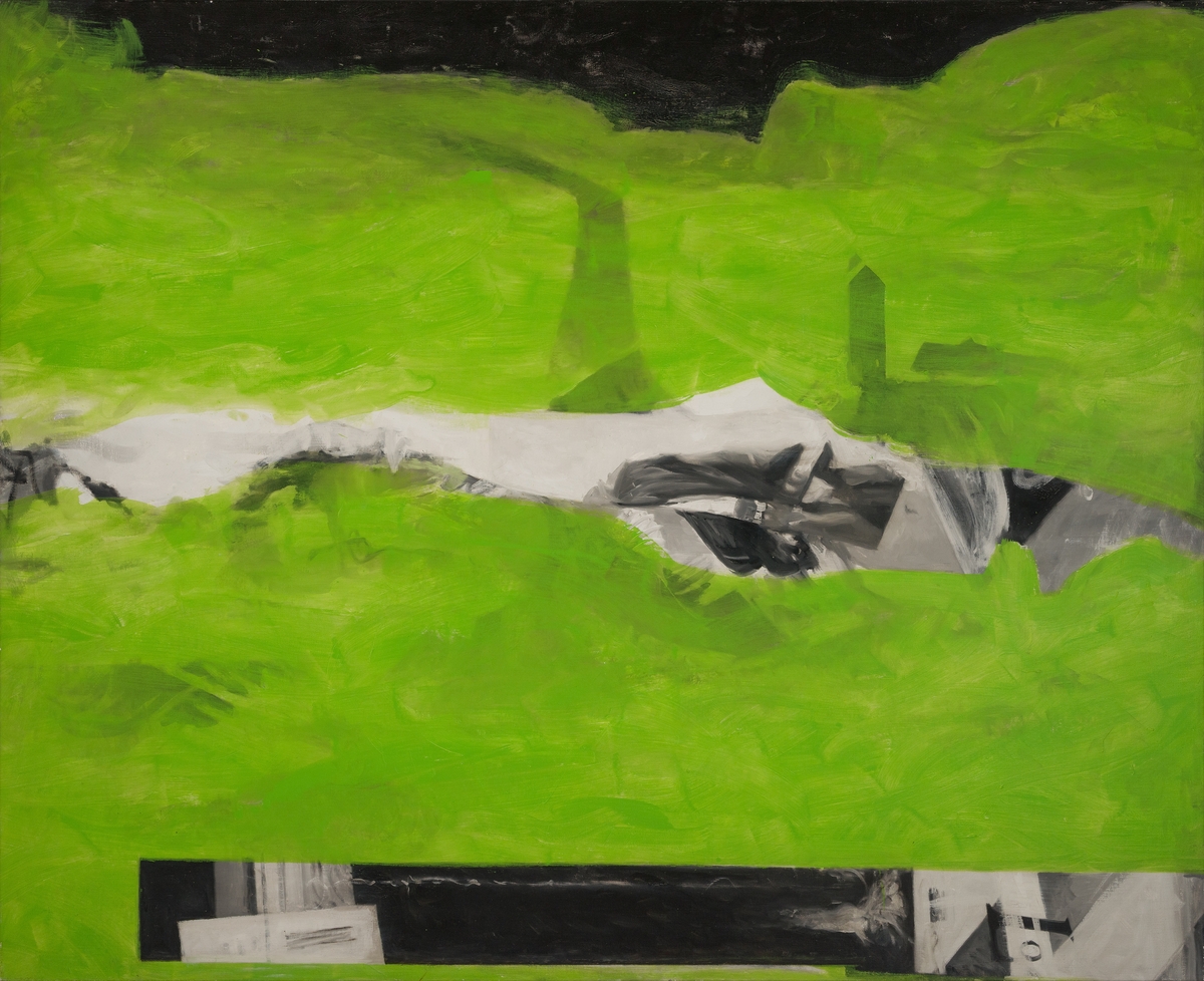 Abstrakt motiv; grönt med svarta och vita former