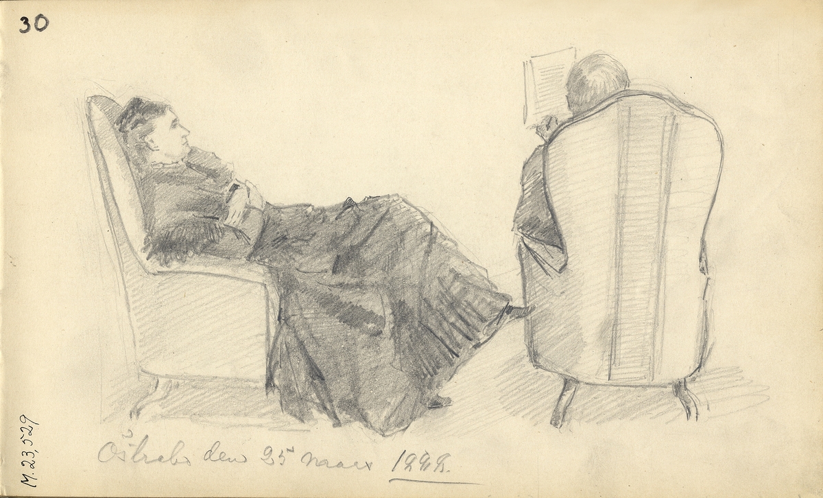 Skiss, blyerts. En kvinna sitter och lyssnar på en man som läser högt ur en bok.
Sedda från sidan och bakifrån. Helfigur.

Inskrivet i huvudbok 1975.