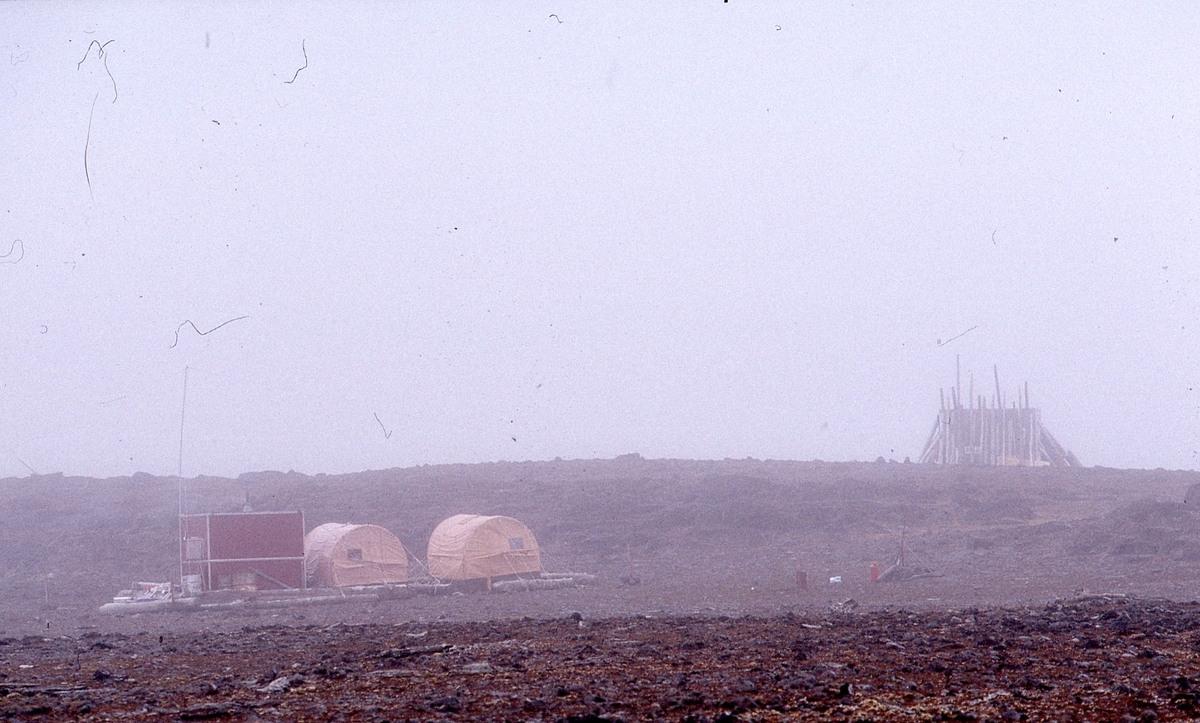 Biolog leir Lurøya, og gammel Polarinstitutt Hi-Fix trekanthytte i bakgrunnen.
