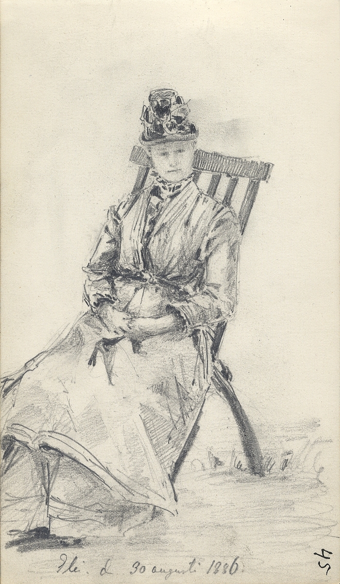 Skiss, blyerts. En kvinna i hatt sitter på en trädgårdsstol.
Helfigur, halvprofil.

Inskrivet i huvudbok 1975.