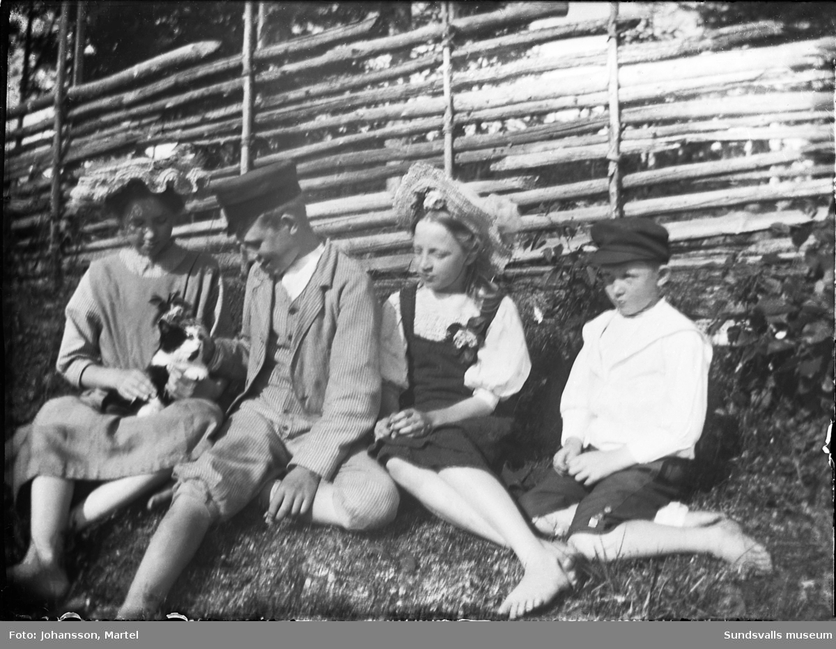 Två flickor i hatt (systrarna Bergkvist) samt två pojkar i keps vid en gärdesgård. En av flickorna har en kattunge i knät.