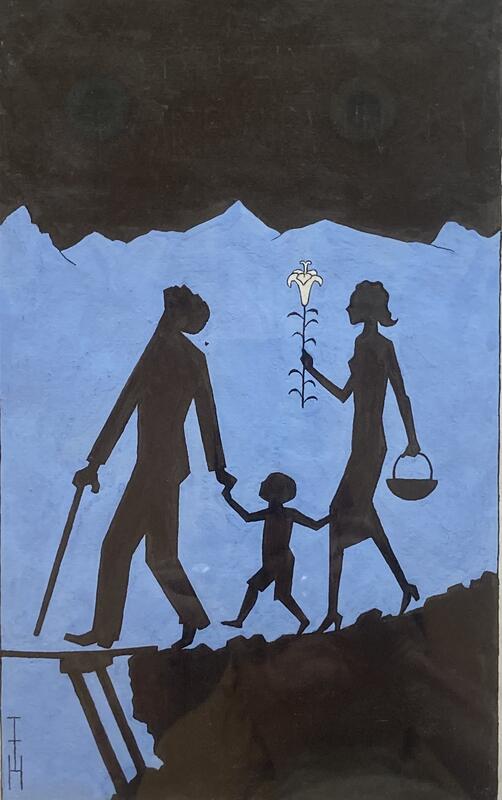 Tegning i svart og blått: vi ser omrisset til tre personer om er i ferd med å gå ut på en begge. Det er en mann med stokk, et barn og en kvinne. Kvinnen holder en hvit lilje.