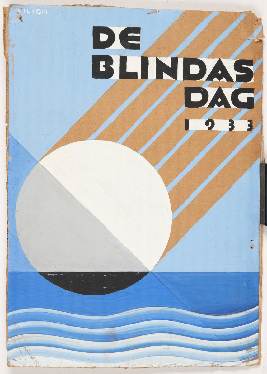 Illustration till reklamaffisch till "De Blindas Dag".

Bilden illustrerar ett blått vågigt vatten varpå en cirkel likt en måne eller sol är på väg ner i vattnet. Från cirkeln går sju strålar ut diagonalt till bildens vänstra hörn. Över strålarna står det "DE BLINDAS DAG 1933". Bakgrunden är blå.