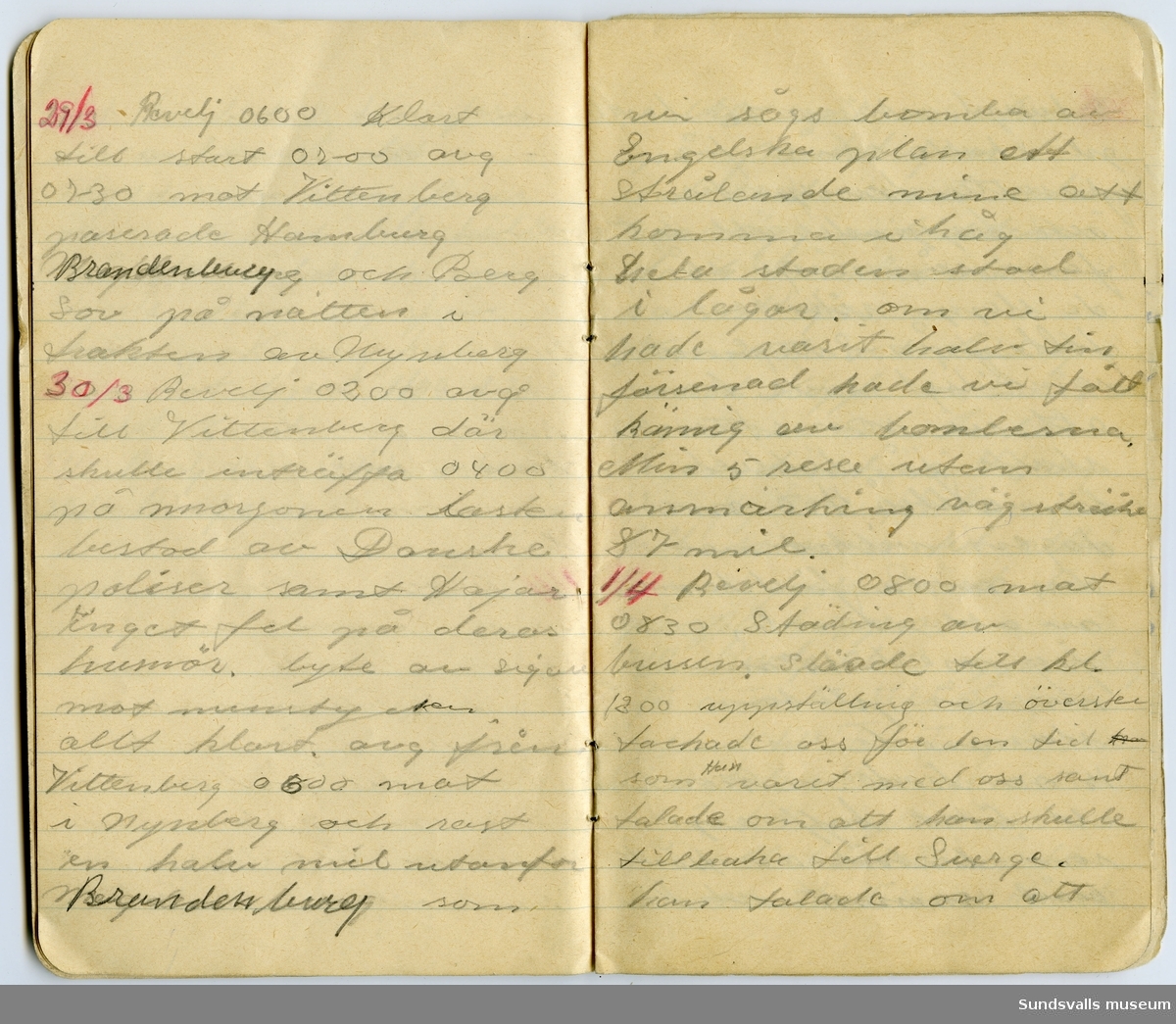 Dagbok skriven av Nils-Erik Bjuhr under resan med Vita bussarna för Röda korset 1945