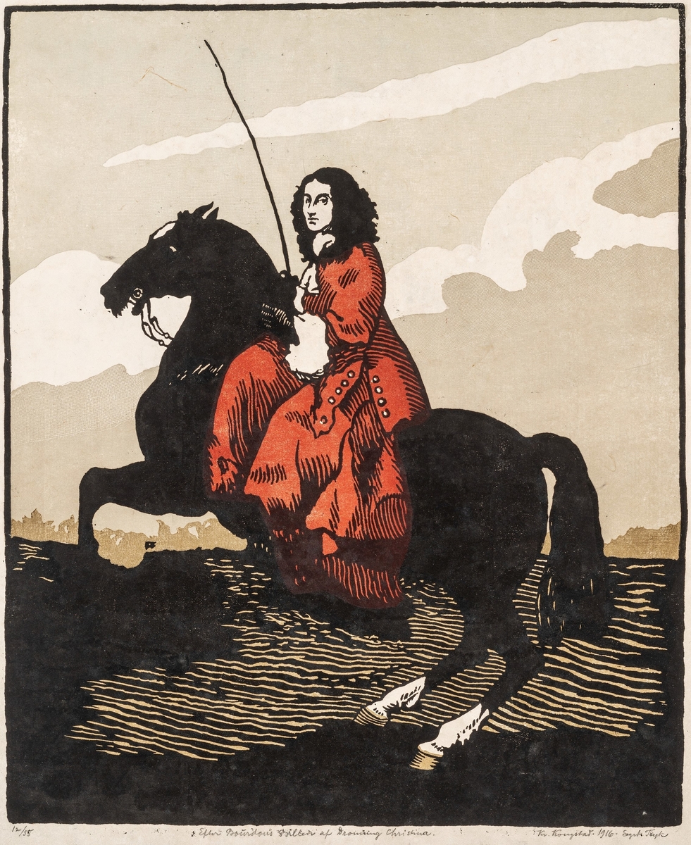 Kvinne i rød drakt sittende overskrevs på en steilende hest med pisk i hånden. Den avbildede personen er Dronning Christina av Sverige, basert på et maleri av Sébastien Bourdon fra 1653.