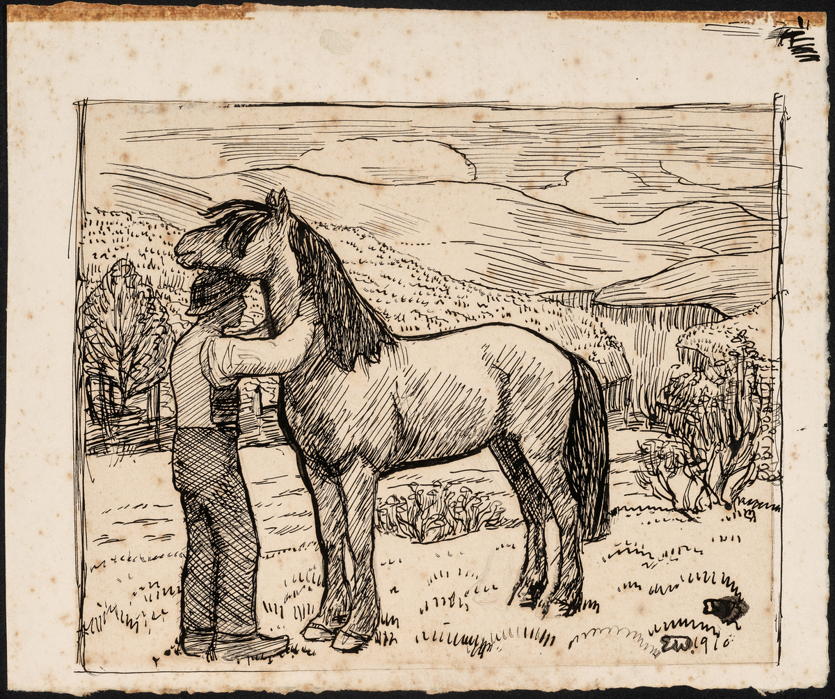 Mann og hest [Tegning]