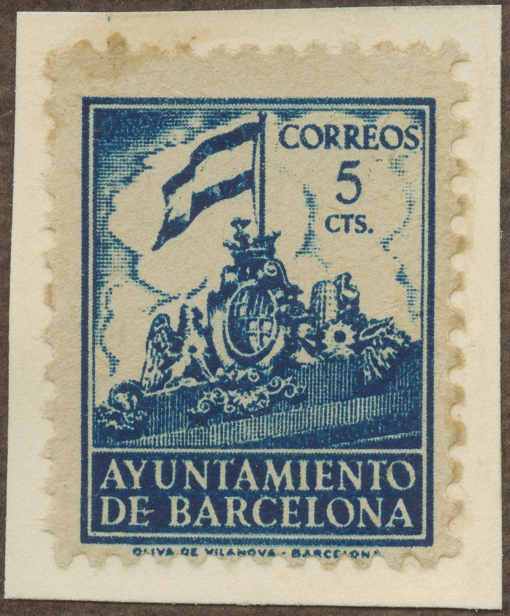 Frimärke ur Gösta Bodmans filatelistiska motivsamling, påbörjad 1950.
Frimärke från Spanien, 1938. Motiv av Symbol Mässan i Barcelona 1938
