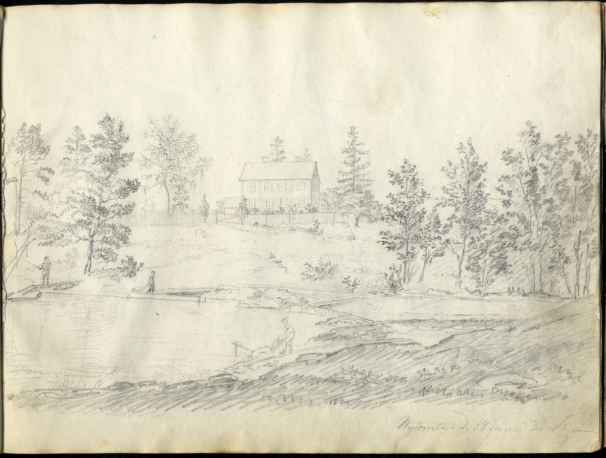 Skiss, blyerts. Ett bostadshus med trädgård vid en liten sjö (vik?). Några personer sitter och metar.

Inskrivet i huvudbok 1950.