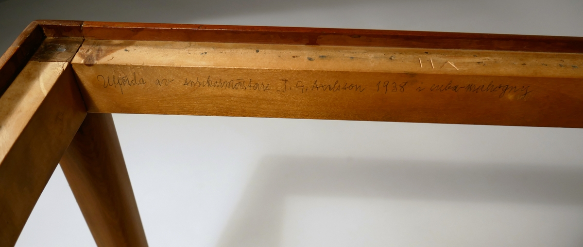 En mahognystol med rottingrygg samt klädd lös sits. Modellnamn "Rundrygg". Ritad av Carl Malmsten och tillverkad av Axelssons snickeri i Alingsås. Snickeriet tillverkade många möbler åt Carl Malmsten mellan 1931-1941.