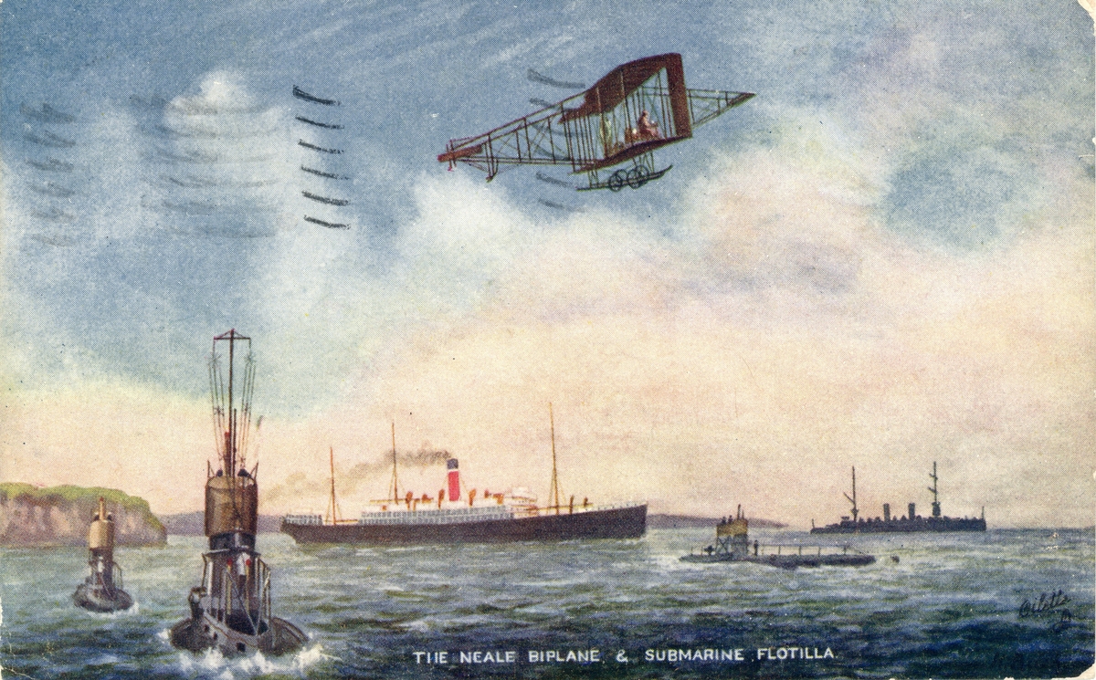 Vykort med motiv av u-båt, passagerarångfartyg, örlogsfartyg och ett flyplan. "The Neale Biplane & Submarine flotilla", vykort ur serien "Ships of the Sea and Air".