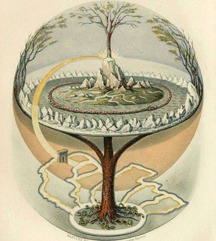 Illustrasjon i duse farger. Det kan se ut som en fontene. I midten stiger et tre opp og grenene flyter utover og over fontenen. Den kalles Yggdrasil og er fra norrøn litteratur.