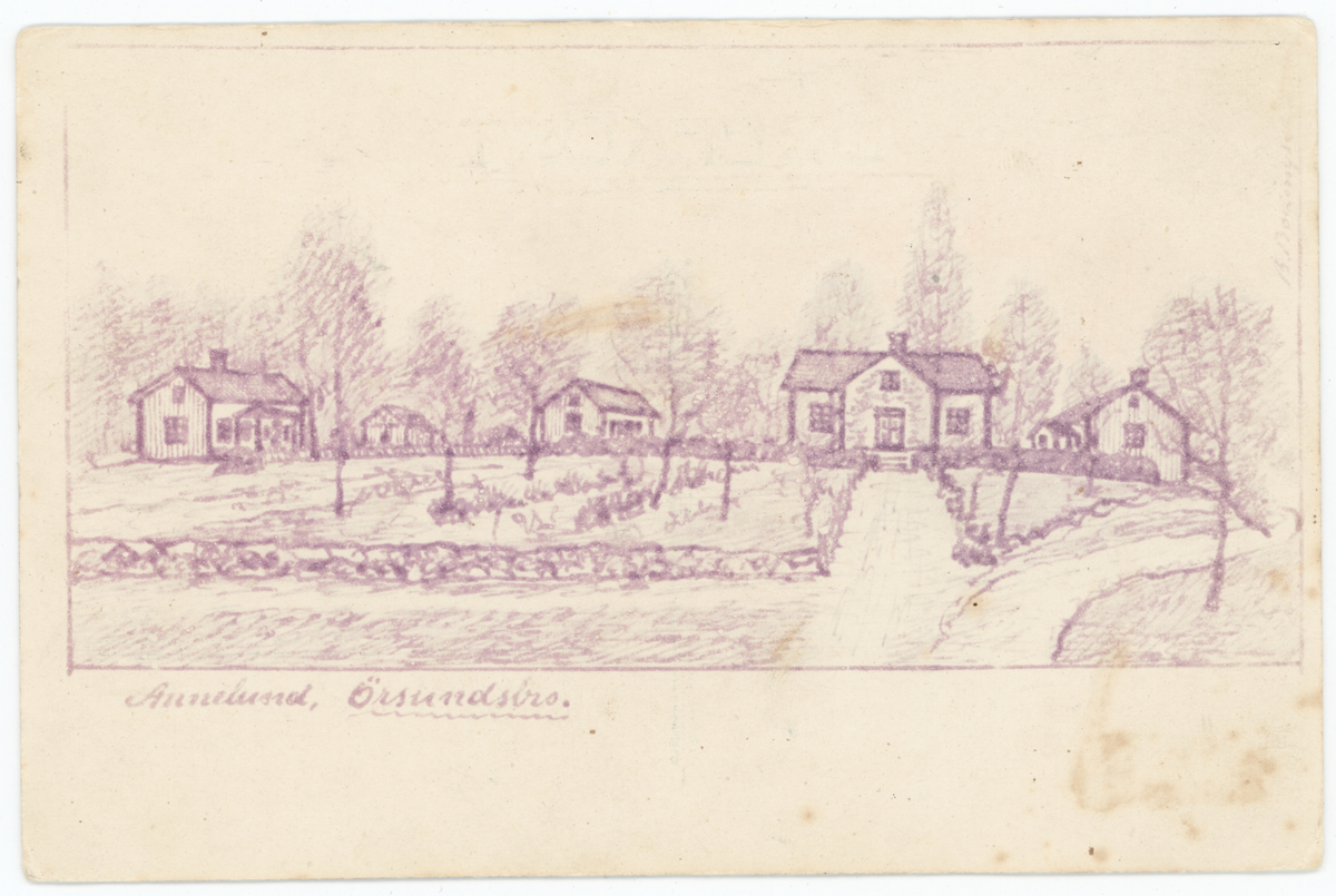 Vykort med motiv i form av en teckning av "Annelund, Örsundsbro", sannolikt beläget i Kvek, Fröslunda socken, Uppland. Konstnär Bror Bodingh (1859-1938).