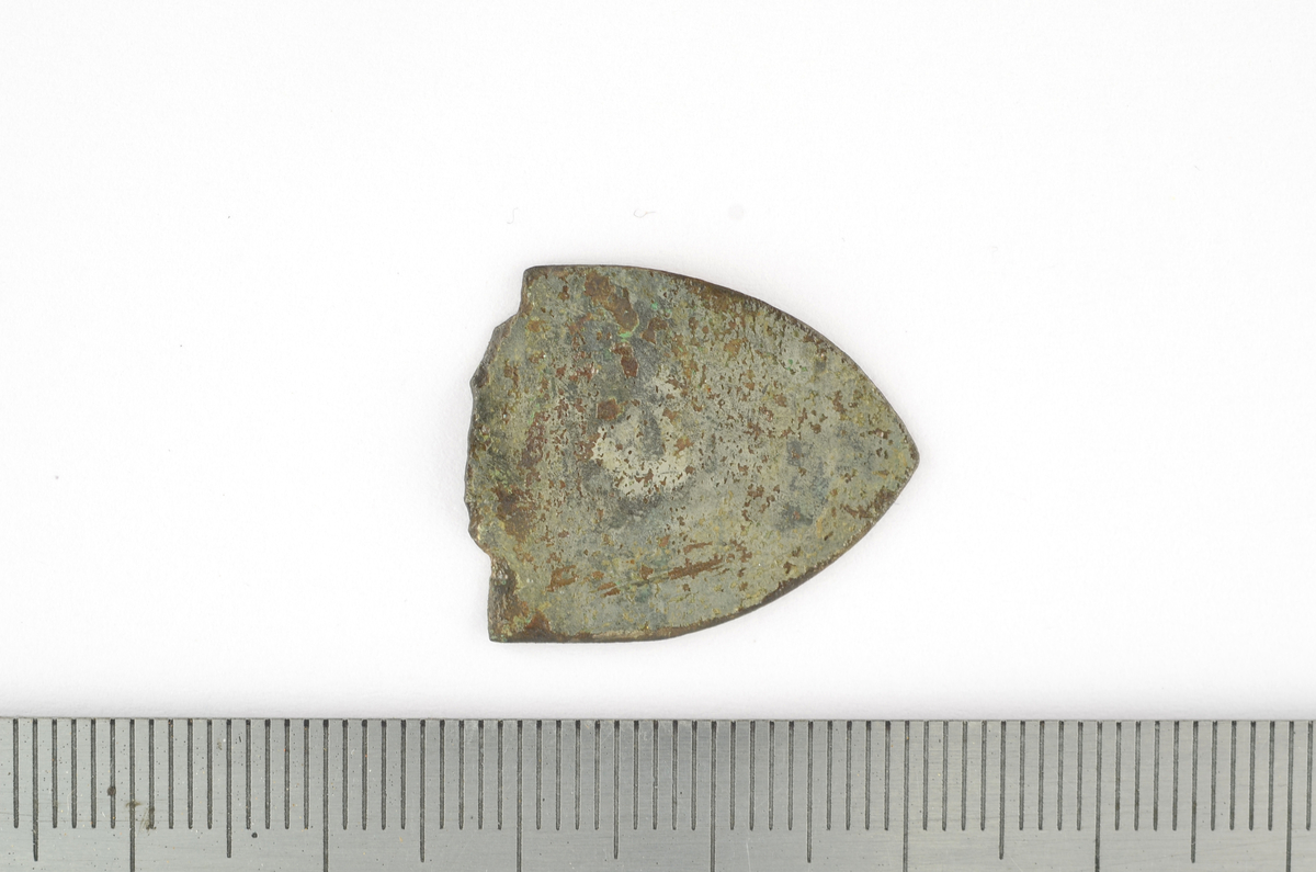 Dekorativt beslag i sköldform av ca 0,5 mm tjockt bronsbleck. Brottyta i den övre kanten där troligen ett nithål funnits. Ena sidan har en grå eller silverglänsande beläggning, eventuellt av silver eller tenn. Har suttit på ett remtyg av något slag. Datering: 1300-tal eller möjligen sent 1200-tal.