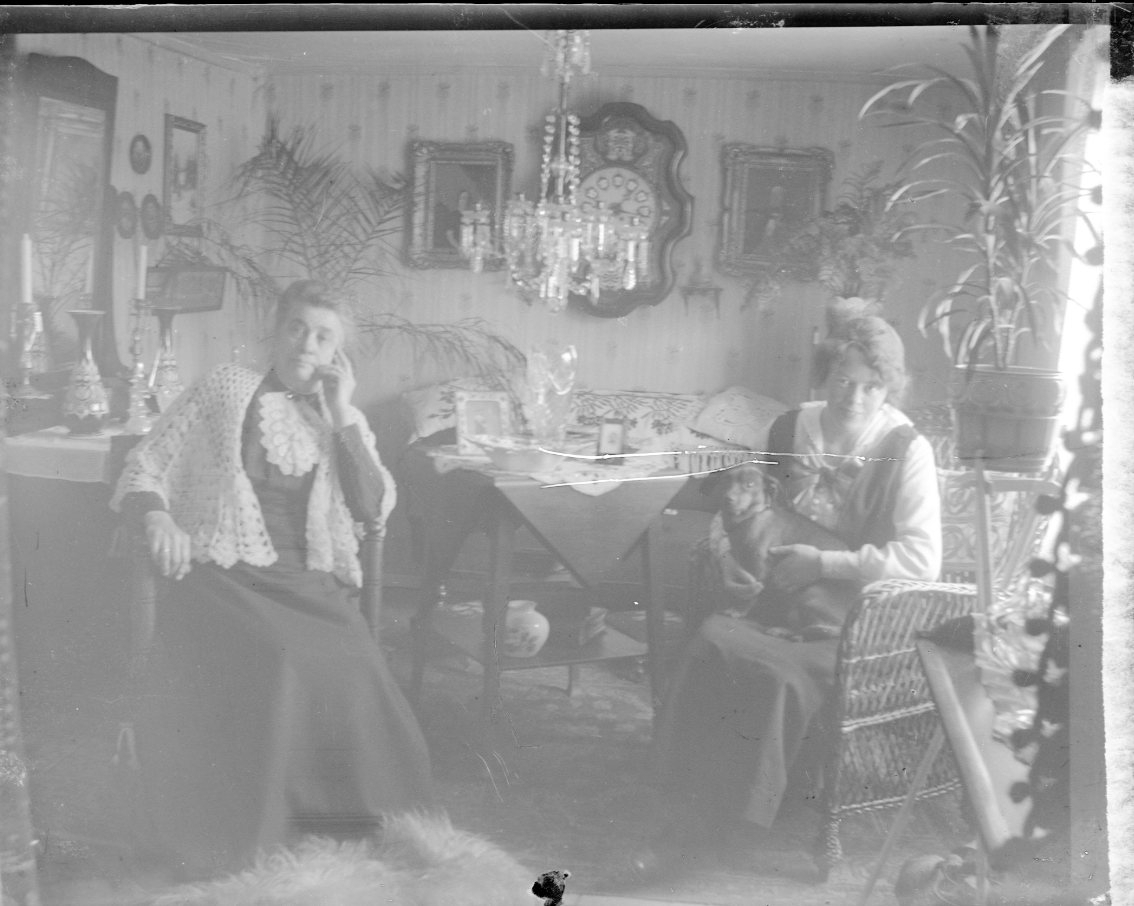 Två kvinnor i en hemmiljö. Lågt i tak med kristallkrona över ett bord. Väggklocka mellan porträtt. En äldre kvinna, med virkad sjal över axlarna, sitter i en munkstol och en yngre, med tax i knät, i en korgstol.