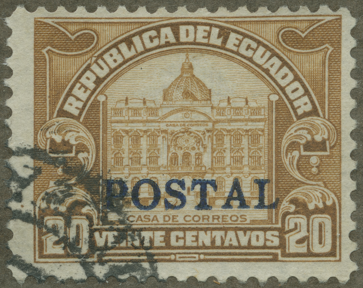 Frimärke ur Gösta Bodmans filatelistiska motivsamling, påbörjad 1950.
Frimärke från Ecuador, 1927. Motiv av Huvudpostkontoret i Quito