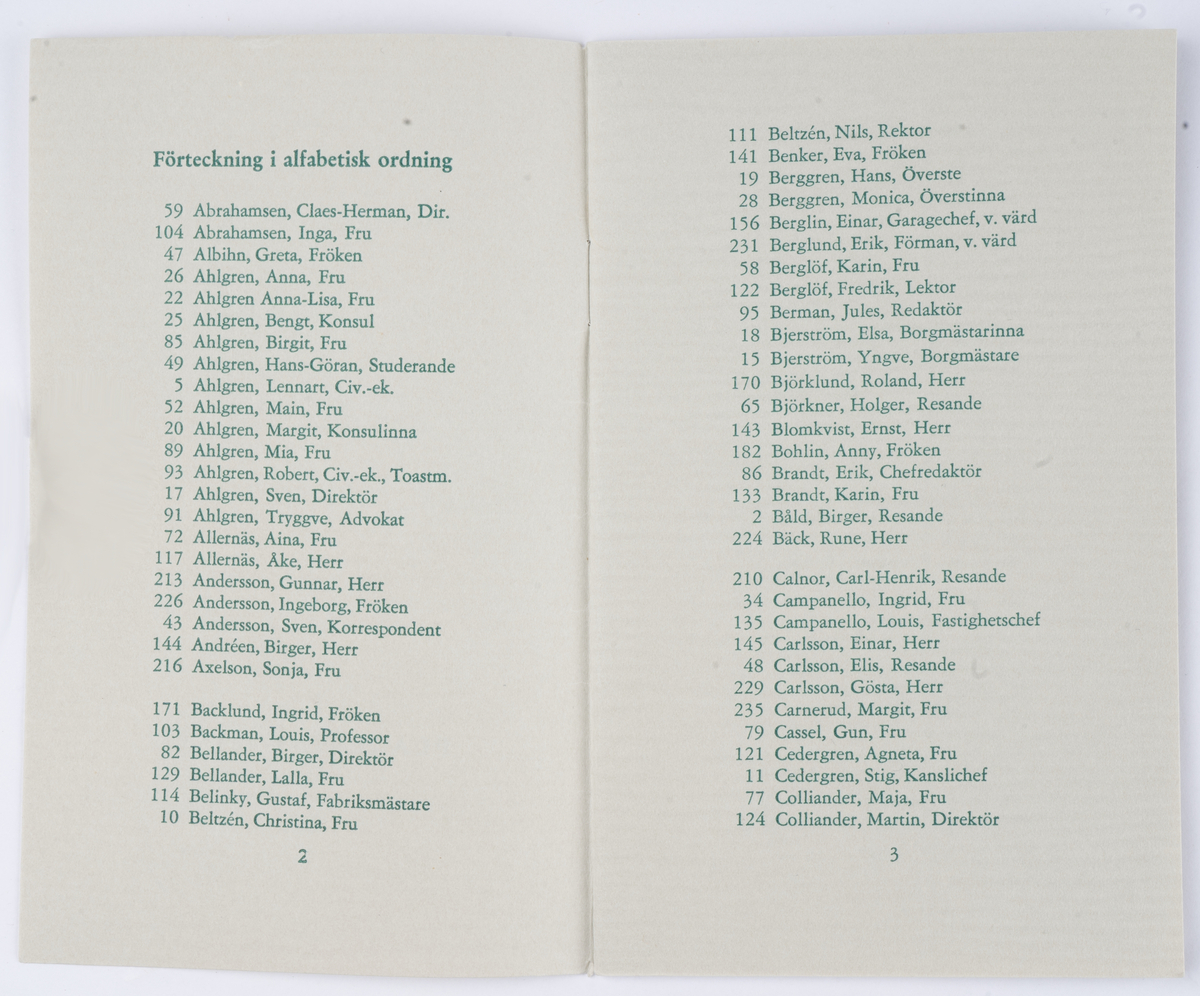Tryckt placeringslista, beige, till Ahlgren-koncernens jubileumsmiddag den 10 juni 1955.