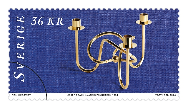 Josef Frank skapade ljusstaken "Vänskapsknuten" 1938 som här återbildas som ett av fem frimärken ur frimärkshäftet "Formklassiker". Ett av fem frimärken med fem olika motiv med valören 36 kronor.
