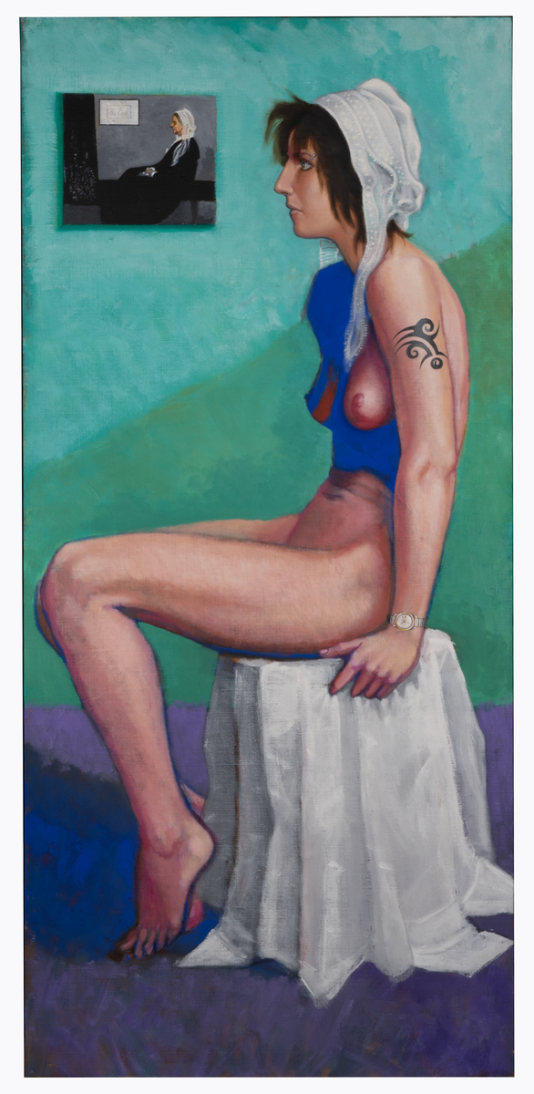 Huvudmotivet är en kvinnlig naken modell med vit huvudbonad, blåmålad bål och med en tatuering på vänster överarm. Hon sitter i vänsterprofil på en pall som är dold under en vit textil/duk/lakan. Golvet är lila och på den gröna väggen i  bakgrunden hänger ett foto av en gammal kvinna från en förgången tid, klädd i svart med vit huvudbonad, i en ställning som påminner om modellens. Motivet på fotot är en nästan exakt avmålning av den brittiske konstnären James Whistler´s målning Whistler´s Mother från 1871. Tatueringen på modellens arm är enligt konstnären själv (nästan) en kopia av boxaren Mike Tysons tatuering på vänster panna och kind.
