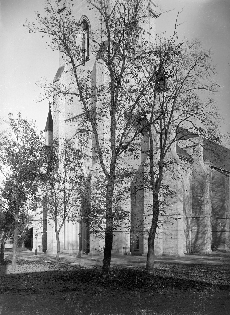 Västfasaden till Linköping domkyrka med Helgo Zetterwalls nygotiska torn som stod färdigt 1886. Bild daterad 1901.