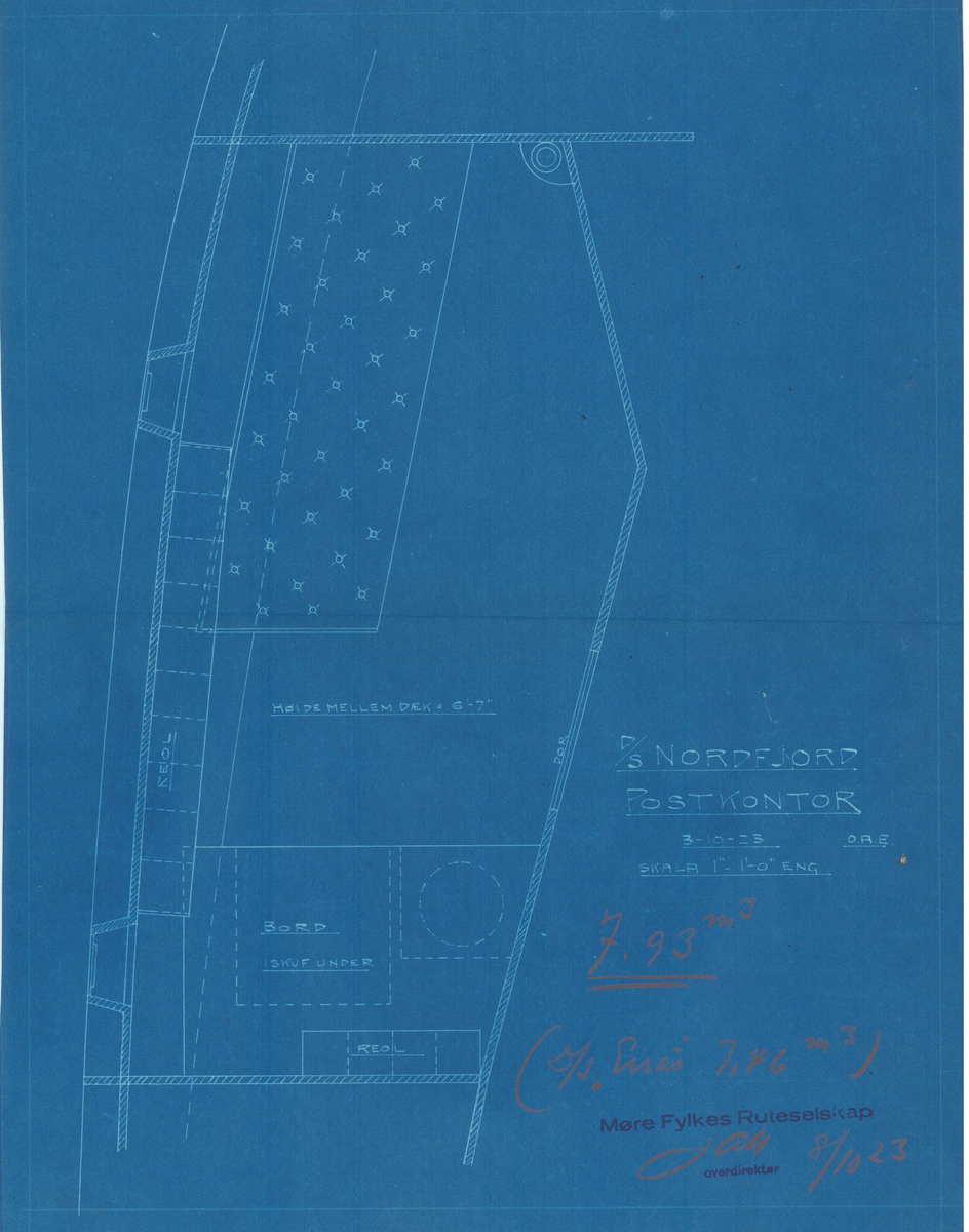 Tegning viser plan av postkontor på D/S Nordfjord. Påsatt stempel og skrift.