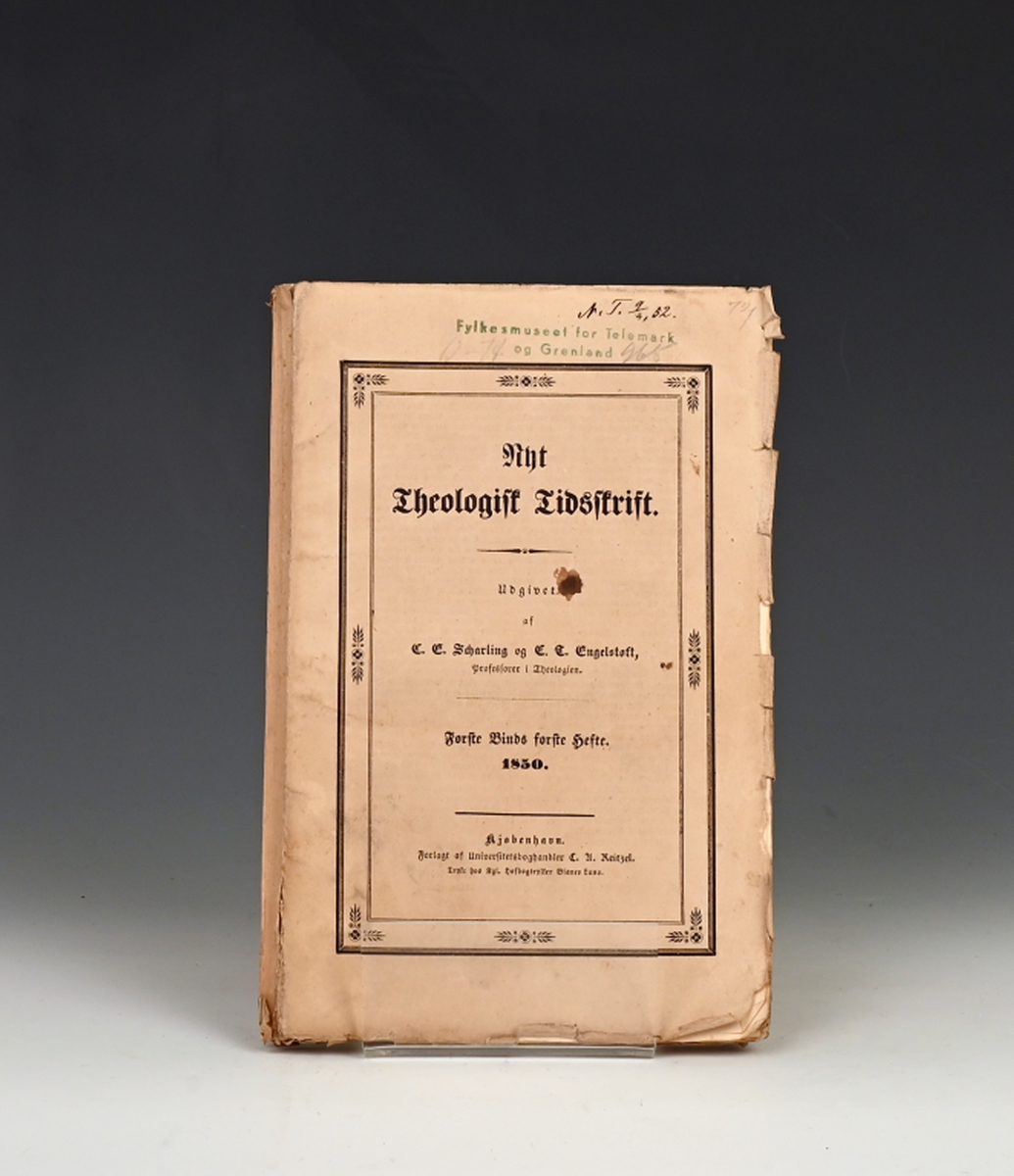 Nyt Theologisk Tidsskrift. Udg. af C. E. Scharling og C. T. Engelstofs. 
Første Bind Kbhv 1850