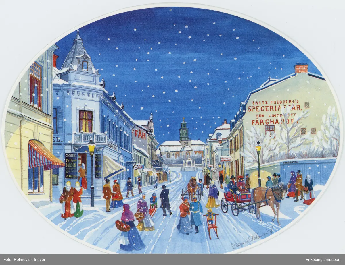 Ett ovalt vykort med motiv av Kyrkogatan, Enköping. Bilden är målad av Ingvor Holmqvist, som föddes i Karlskoga. Hon och hennes bror Leif Holmqvist reste runt och illustrerade svenska städer. De målade även julkort.