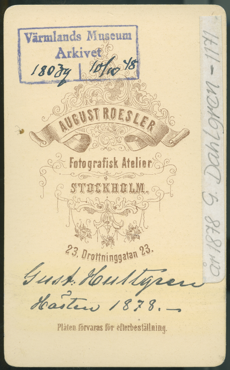 På kuvertet står följande information sammanställd vid museets första genomgång av materialet: Gust. Hultgren.