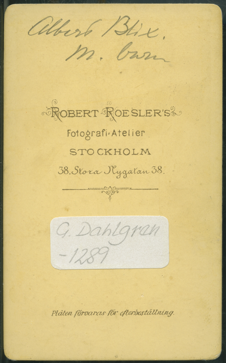 På kuvertet står följande information sammanställd vid museets första genomgång av materialet: Albert Blixmed barnen.
Stockholm.