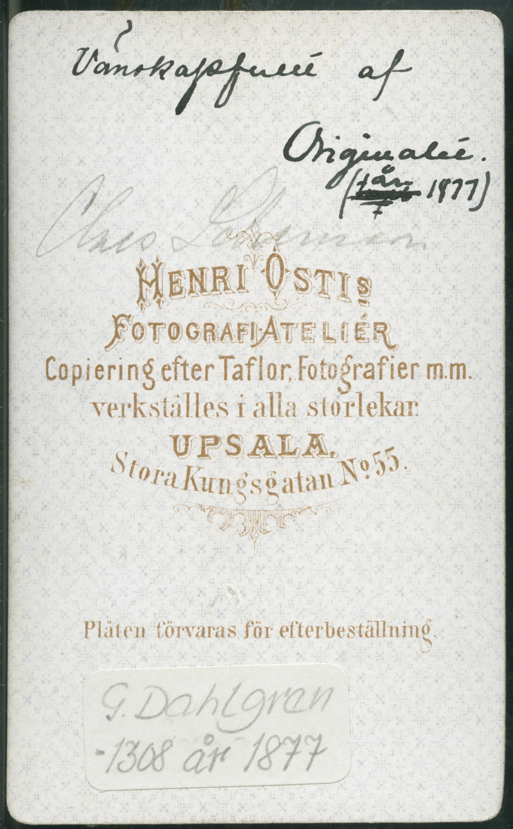 På kuvertet står följande information sammanställd vid museets första genomgång av materialet: Claes Schenson
Uppsala