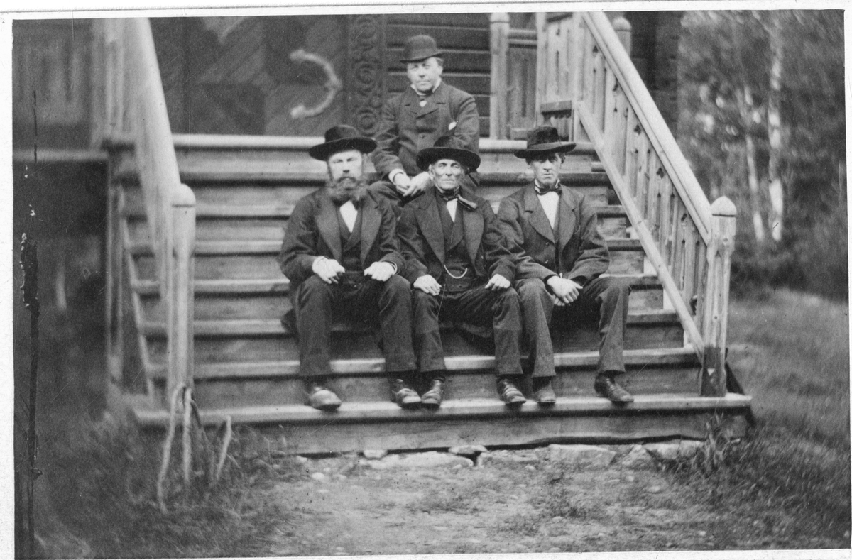 Foto av menn på trapp, tatt i 1881. Øverst sitter Lensmann Hansen