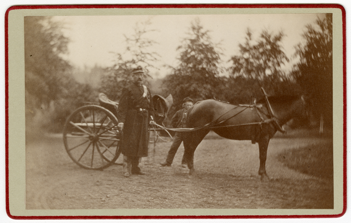 Foto av mann i militæruniform foran vogn. Foto er antagelig tatt på Dal gård på slutten av 1870-tallet eller tidlig 1880-tallet