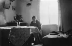 En kvinne sitter og leser ved et spisebord i stuen hos Henri