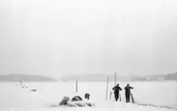 To menn i arbeid med issager på isen ved Glennetangen i Nedr