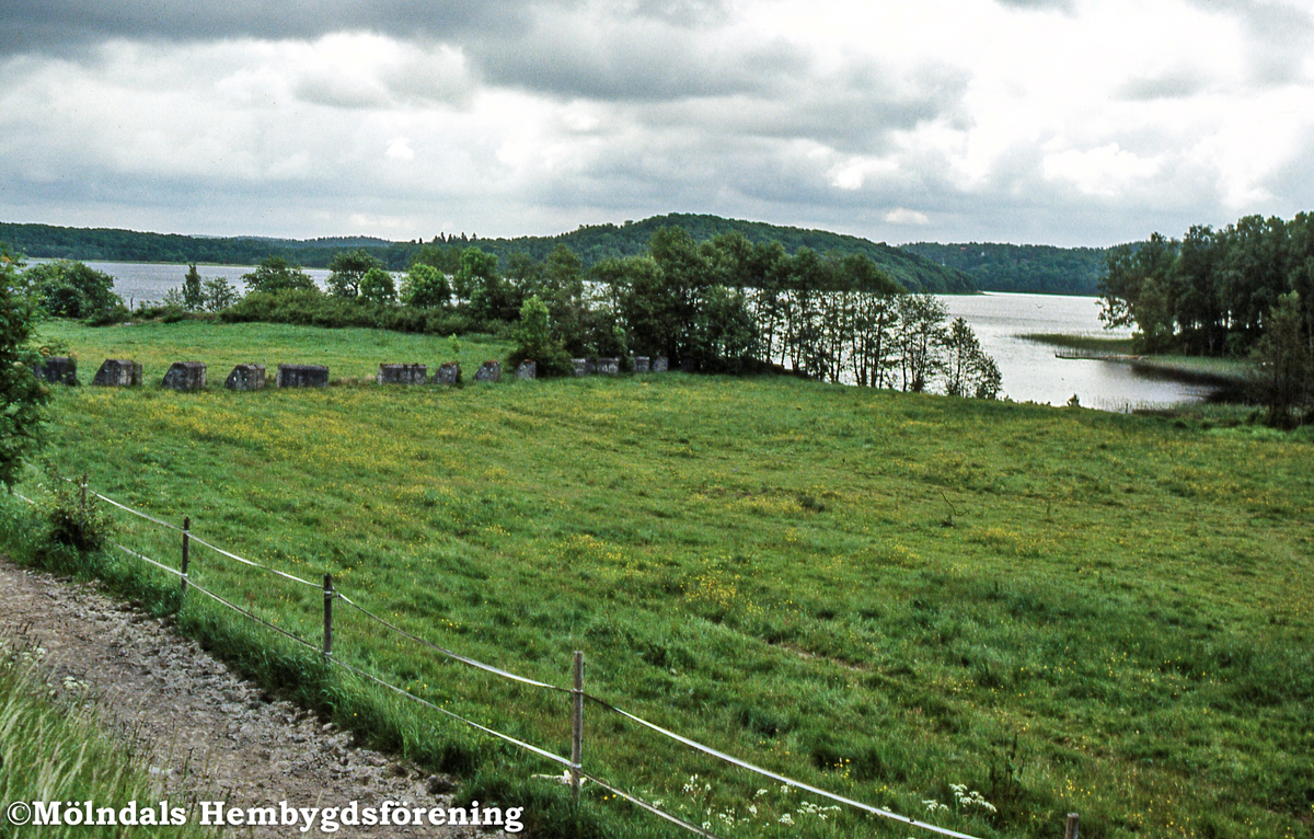 Stridsvagnshinder vid Helenedal i Mölndal, juni 2001. I bakgrunden ses Rådasjön. Stridsvagnshindren är numera borttagna. D 38:32.