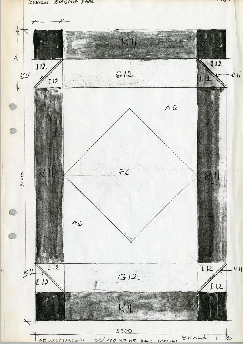 Sex mattskisser i gouache. Mönster med en kvadrat placerad innuti en rektangel omgiven av breda linjer.