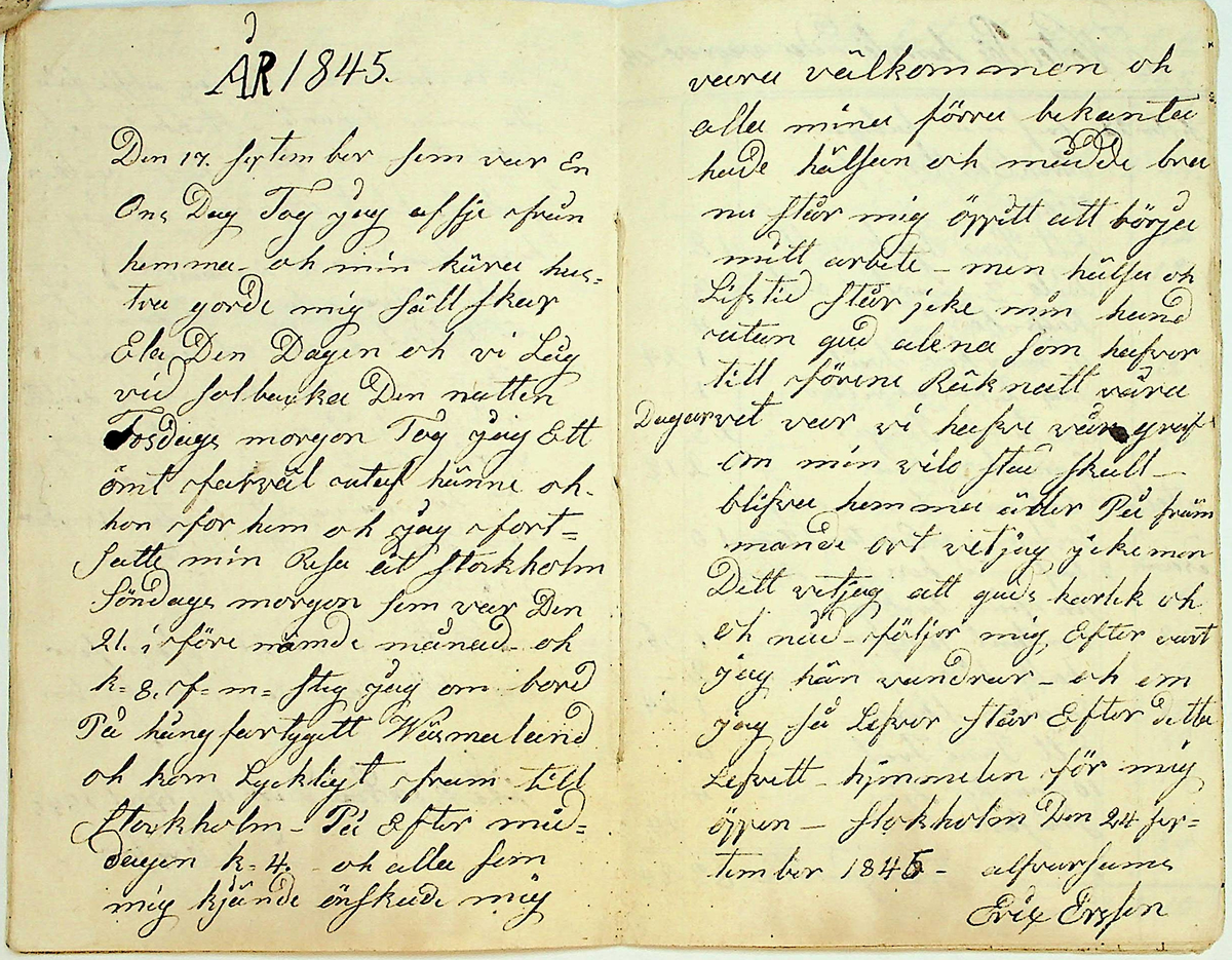 Förteckningsbok för Tjugonde resan till Stockholm år 1843
Dagbok och kassabok för herrarbete 1843-1847 av Alvarsams Erik Erikson från Alvarsamsgården i Tällberg, Leksand

Handskriven bok, 24 sid.