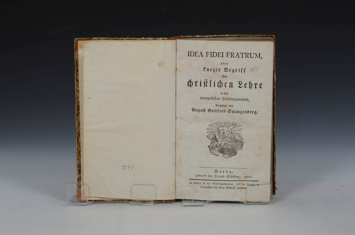 Spangenberg, A. G. Idea Fidei fratum oder kurzer Begriff der christlischen lehre in den evangelischen Brüdergemeinen. 
Darby 1801 (Innb)
