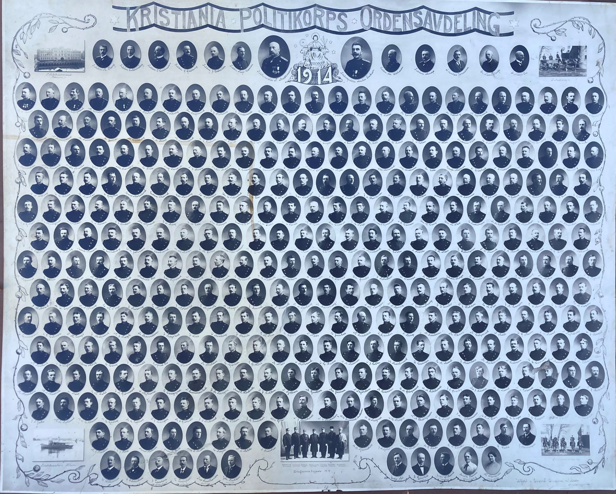 Portrettsamling av Kristiania politis ordensavdeling, ca 340 menn.